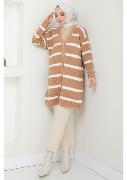 Çizgili Fitilli Triko Hırka Camel HM2589 indirimleri