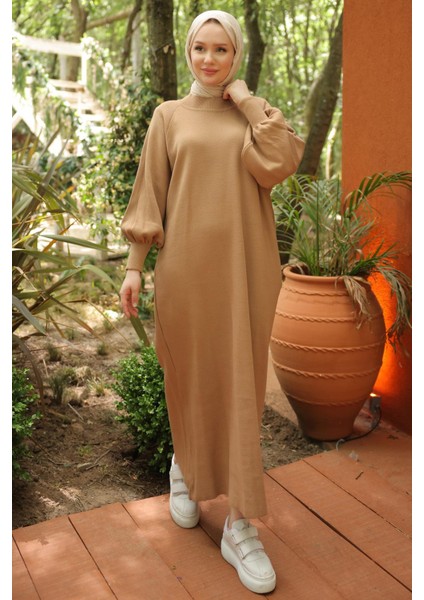 Balon Kol Triko Elbise Camel HM2522