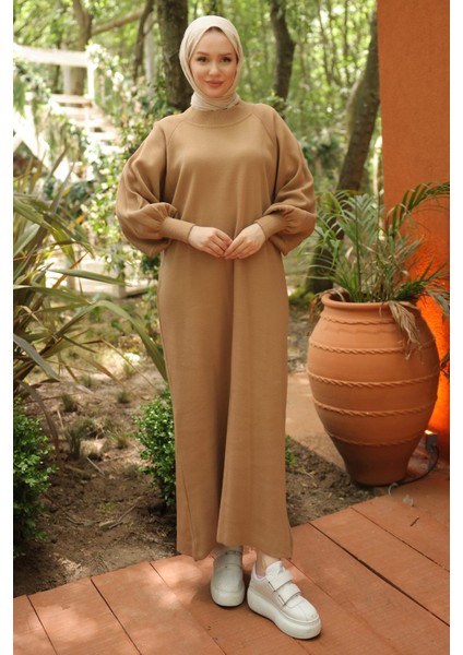 Balon Kol Triko Elbise Camel HM2522