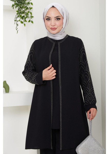 Kolları Taşlı Büyük Beden Takım Ikili Anne Takımı Siyah HM2504