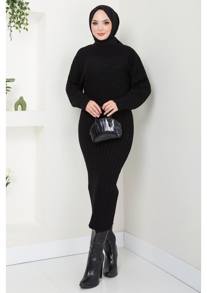 Örgü Desenli Jile Bluz Triko Takım Siyah HM2559