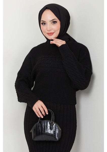 Örgü Desenli Jile Bluz Triko Takım Siyah HM2559 modelleri