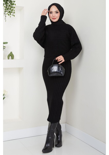 Örgü Desenli Jile Bluz Triko Takım Siyah HM2559 fırsatları