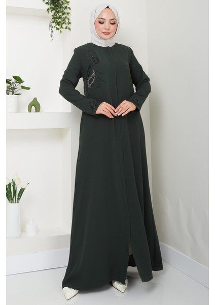 Hüma Taş Detaylı Ferace Haki HM2479