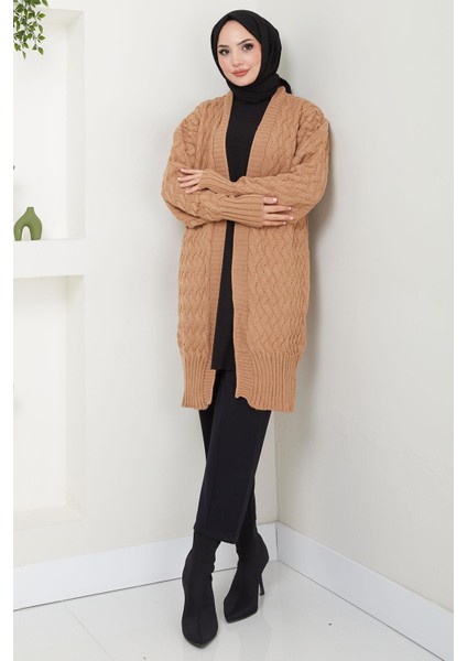 Sepet Örgülü Düğmesiz Araboy Triko Hırka Camel HM2565