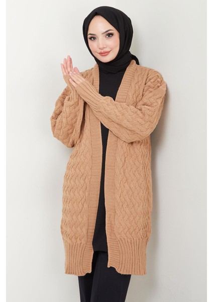 Sepet Örgülü Düğmesiz Araboy Triko Hırka Camel HM2565 fırsatları