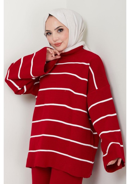 Yarım Balıkçı Yaka Çizgili Triko Takım Kırmızı HM2553 fiyatları