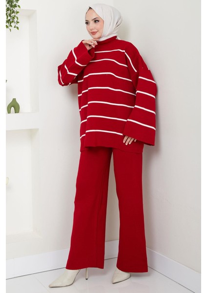 Yarım Balıkçı Yaka Çizgili Triko Takım Kırmızı HM2553 modelleri