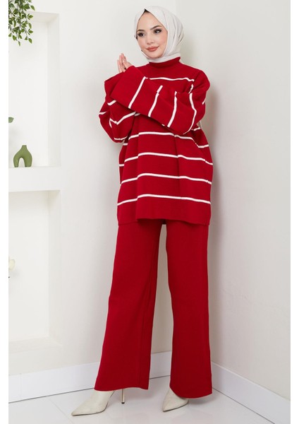 Yarım Balıkçı Yaka Çizgili Triko Takım Kırmızı HM2553 fırsatları
