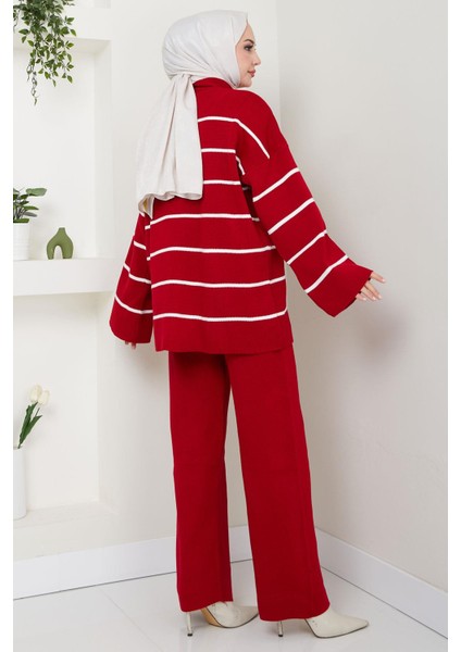 Yarım Balıkçı Yaka Çizgili Triko Takım Kırmızı HM2553 indirimleri