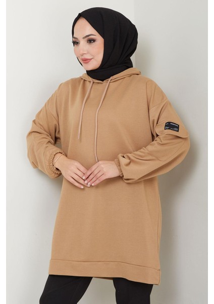 Kapüşonlu Kolu Cep Detaylı Sweatshirt Tunik Camel Hm2582