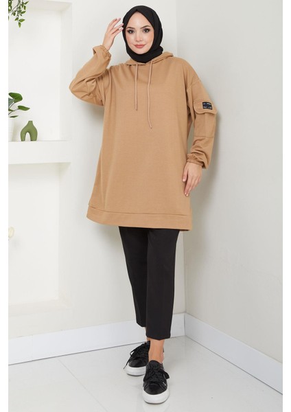 Kapüşonlu Kolu Cep Detaylı Sweatshirt Tunik Camel Hm2582