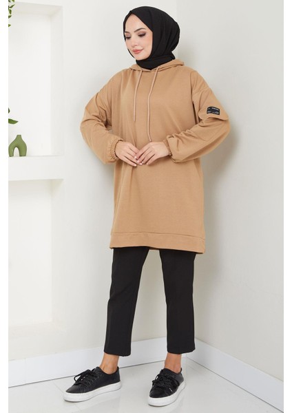 Kapüşonlu Kolu Cep Detaylı Sweatshirt Tunik Camel Hm2582