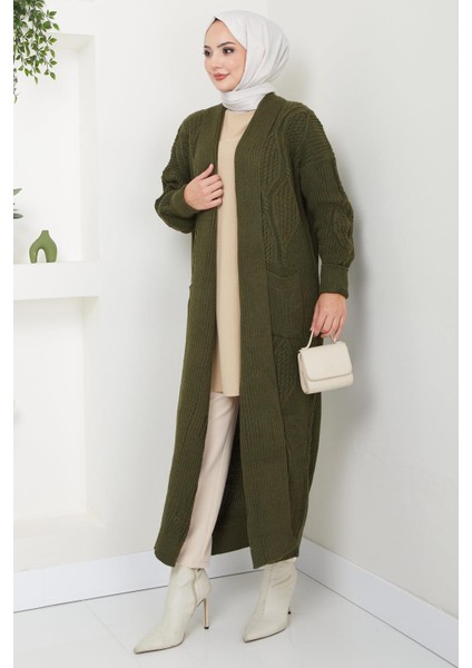 Şal Yaka Cepli Triko Hırka Haki HM2534