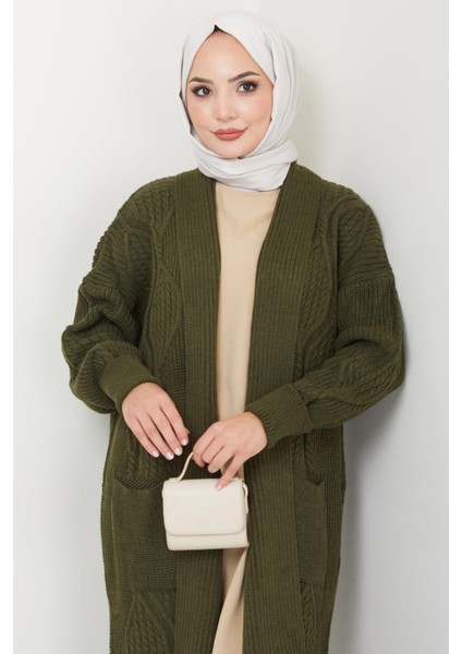 Şal Yaka Cepli Triko Hırka Haki HM2534 fiyatları