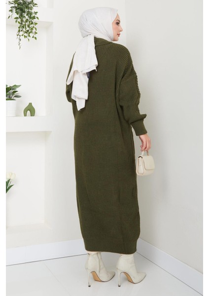 Şal Yaka Cepli Triko Hırka Haki HM2534 modelleri