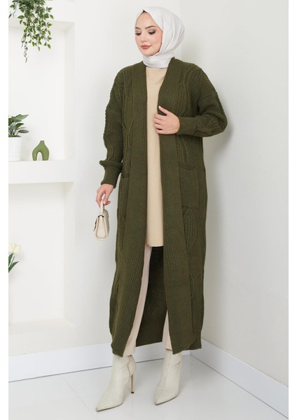Şal Yaka Cepli Triko Hırka Haki HM2534 fırsatları