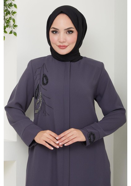 Hüma Taş Detaylı Ferace Füme HM2479