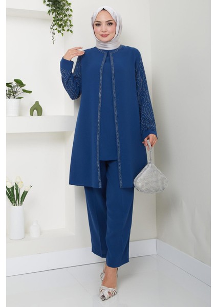 Kolları Taşlı Büyük Beden Takım Ikili Anne Takımı Indigo HM2504