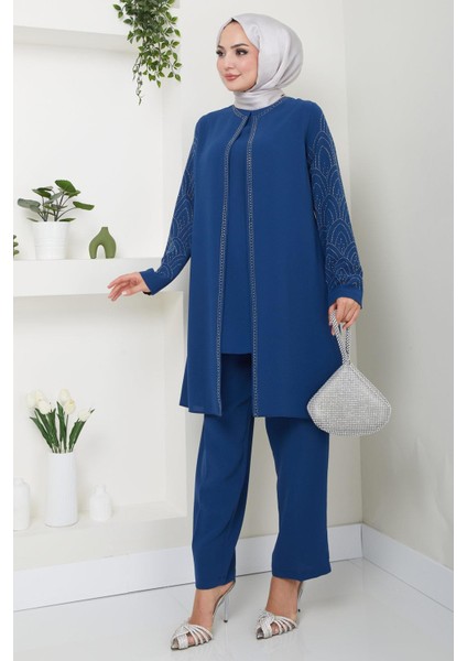 Kolları Taşlı Büyük Beden Takım Ikili Anne Takımı Indigo HM2504
