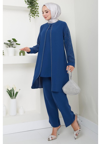 Kolları Taşlı Büyük Beden Takım Ikili Anne Takımı Indigo HM2504