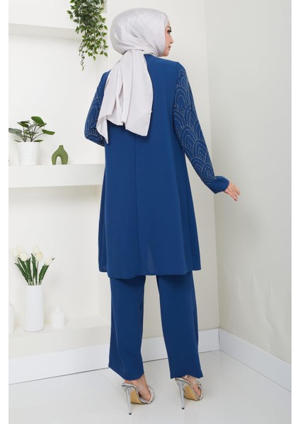 Kolları Taşlı Büyük Beden Takım Ikili Anne Takımı Indigo HM2504