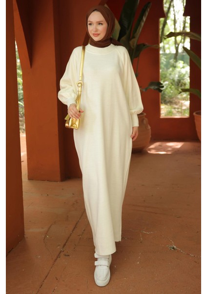 Balon Kol Triko Elbise Beyaz HM2522