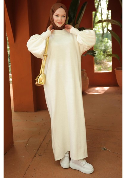 Balon Kol Triko Elbise Beyaz HM2522 modelleri