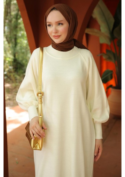 Balon Kol Triko Elbise Beyaz HM2522 fırsatları