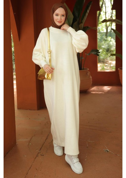 Balon Kol Triko Elbise Beyaz HM2522 indirimleri