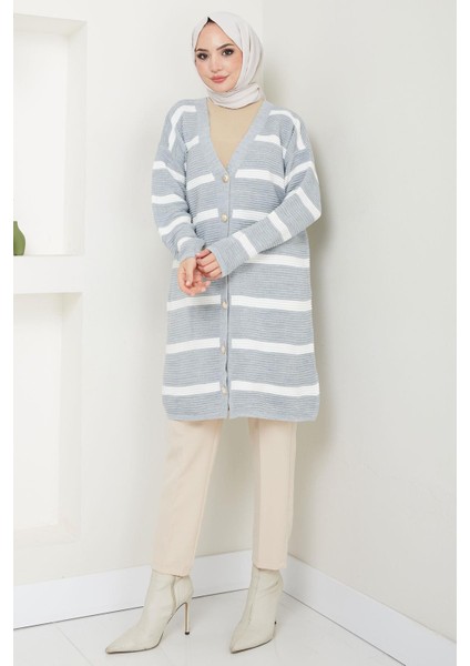 Çizgili Fitilli Triko Hırka Gri HM2589