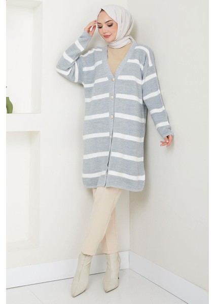 Çizgili Fitilli Triko Hırka Gri HM2589 fiyatları