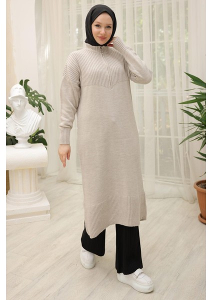 Fermuarlı Uzun Triko Tunik Taş Rengi HM2529