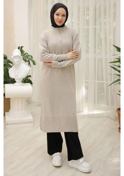 Fermuarlı Uzun Triko Tunik Taş Rengi HM2529