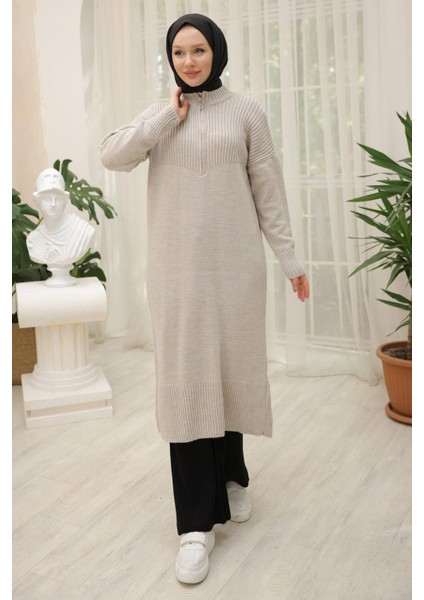 Fermuarlı Uzun Triko Tunik Taş Rengi HM2529