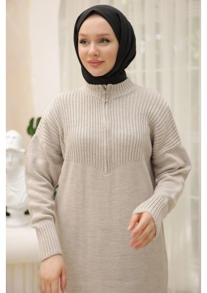 Fermuarlı Uzun Triko Tunik Taş Rengi HM2529