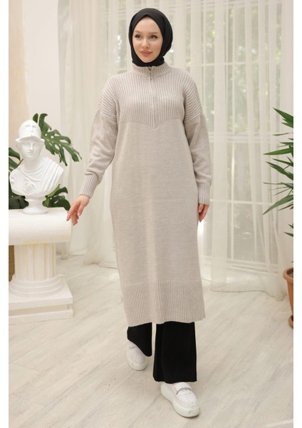 Fermuarlı Uzun Triko Tunik Taş Rengi HM2529