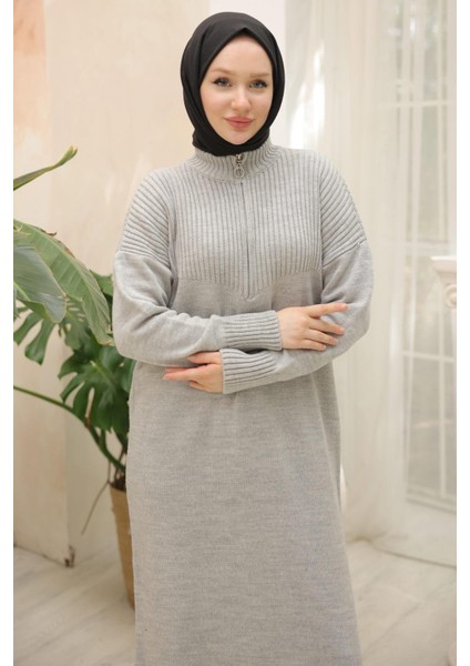 Fermuarlı Uzun Triko Tunik Gri HM2529