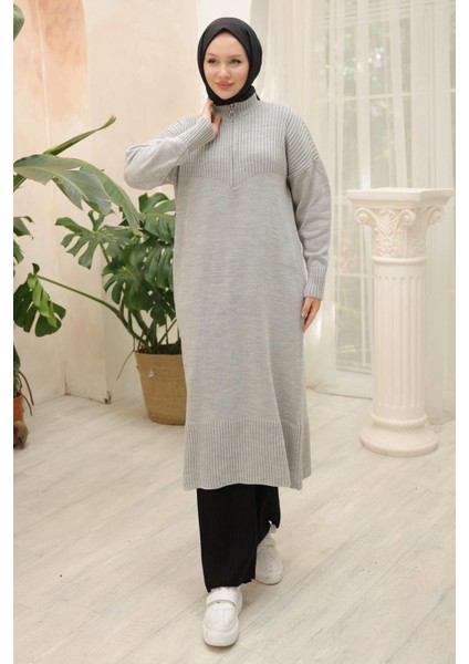Fermuarlı Uzun Triko Tunik Gri HM2529