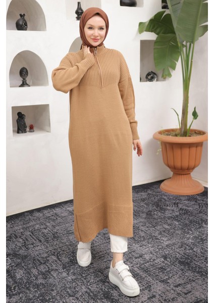 Fermuarlı Uzun Triko Tunik Camel HM2529