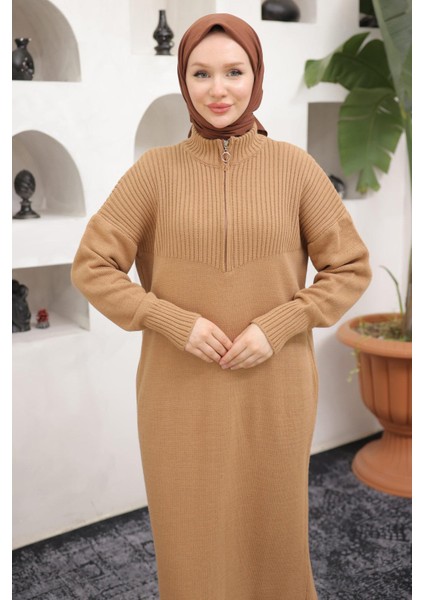 Fermuarlı Uzun Triko Tunik Camel HM2529