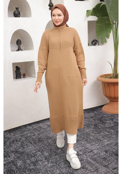 Fermuarlı Uzun Triko Tunik Camel HM2529