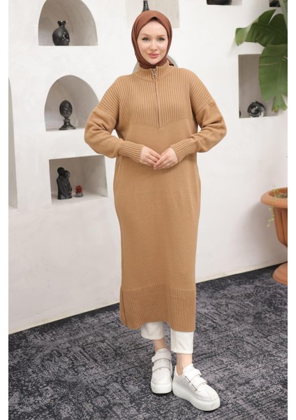 Fermuarlı Uzun Triko Tunik Camel HM2529