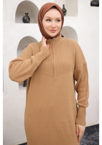 Fermuarlı Uzun Triko Tunik Camel HM2529