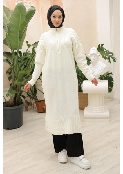 Fermuarlı Uzun Triko Tunik Beyaz HM2529