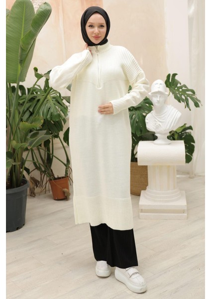 Fermuarlı Uzun Triko Tunik Beyaz HM2529