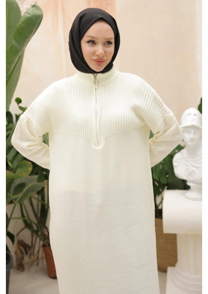 Fermuarlı Uzun Triko Tunik Beyaz HM2529