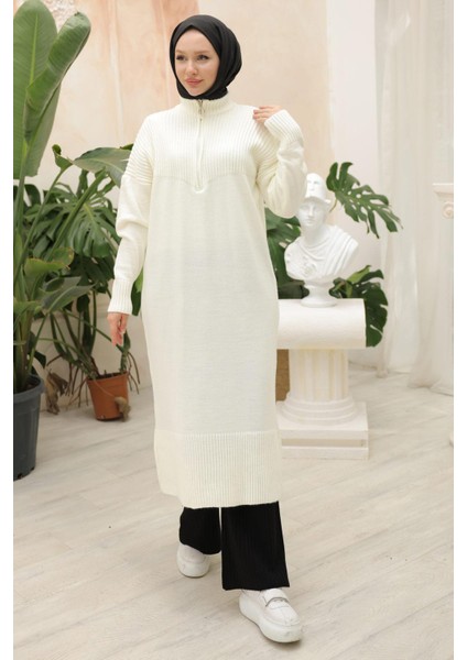 Fermuarlı Uzun Triko Tunik Beyaz HM2529