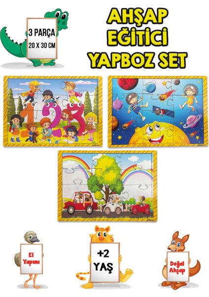 3 Lü Set Eğitici Ahşap Yapboz Puzzle 12 Parçalı Oyuncak +2 Yaş Uzay - Sayılar - Arabalar