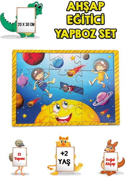 3 Lü Set Eğitici Ahşap Yapboz Puzzle 12 Parçalı Oyuncak +2 Yaş Uzay - Sayılar - Arabalar